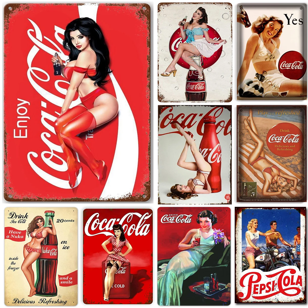Wine Tag Label - Retro-Blechschild „Vintage Soda & Pin-Up“, Old-School-Werbung